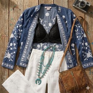 Nanette Lepore NWOT Blue Floral Embroidered Western Boho Coastal Top Sz M